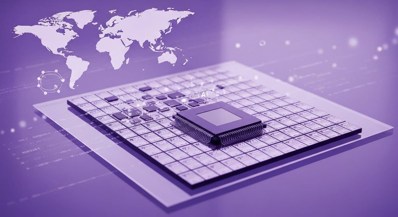 Semiconductor wafer with microchips, purple market arrows, fading AI nodes, world map glow hinting inflation risk