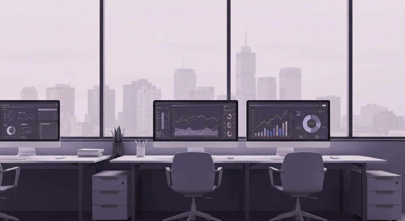 Modern office workspace with digital charts on screens, abstract cityscape in soft purple tones