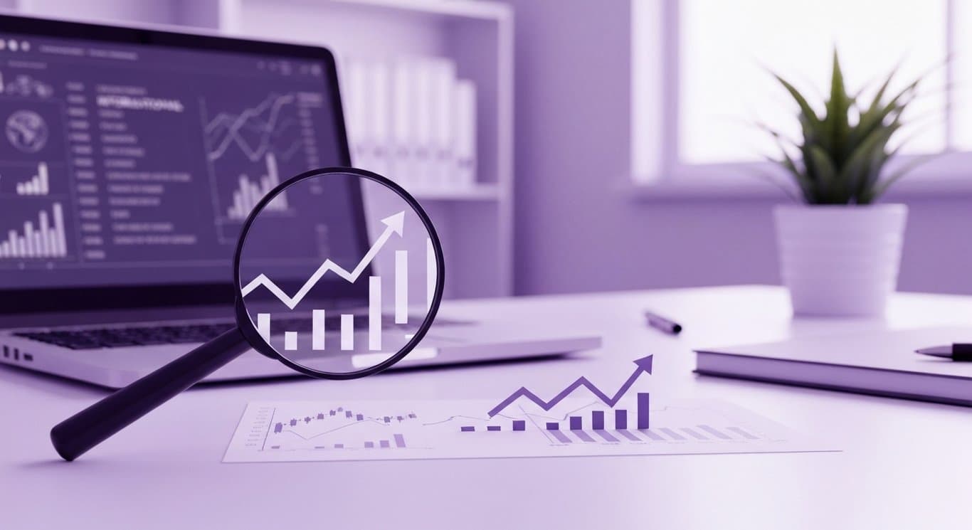 Magnifying glass focusing on small financial charts and upward arrows in a modern office with a purple ambient glow
