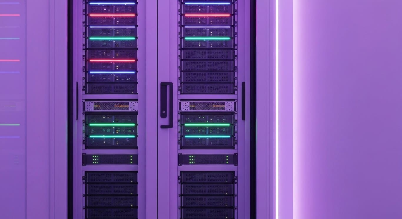 Server racks in a modern tech workspace with subtle purple lighting