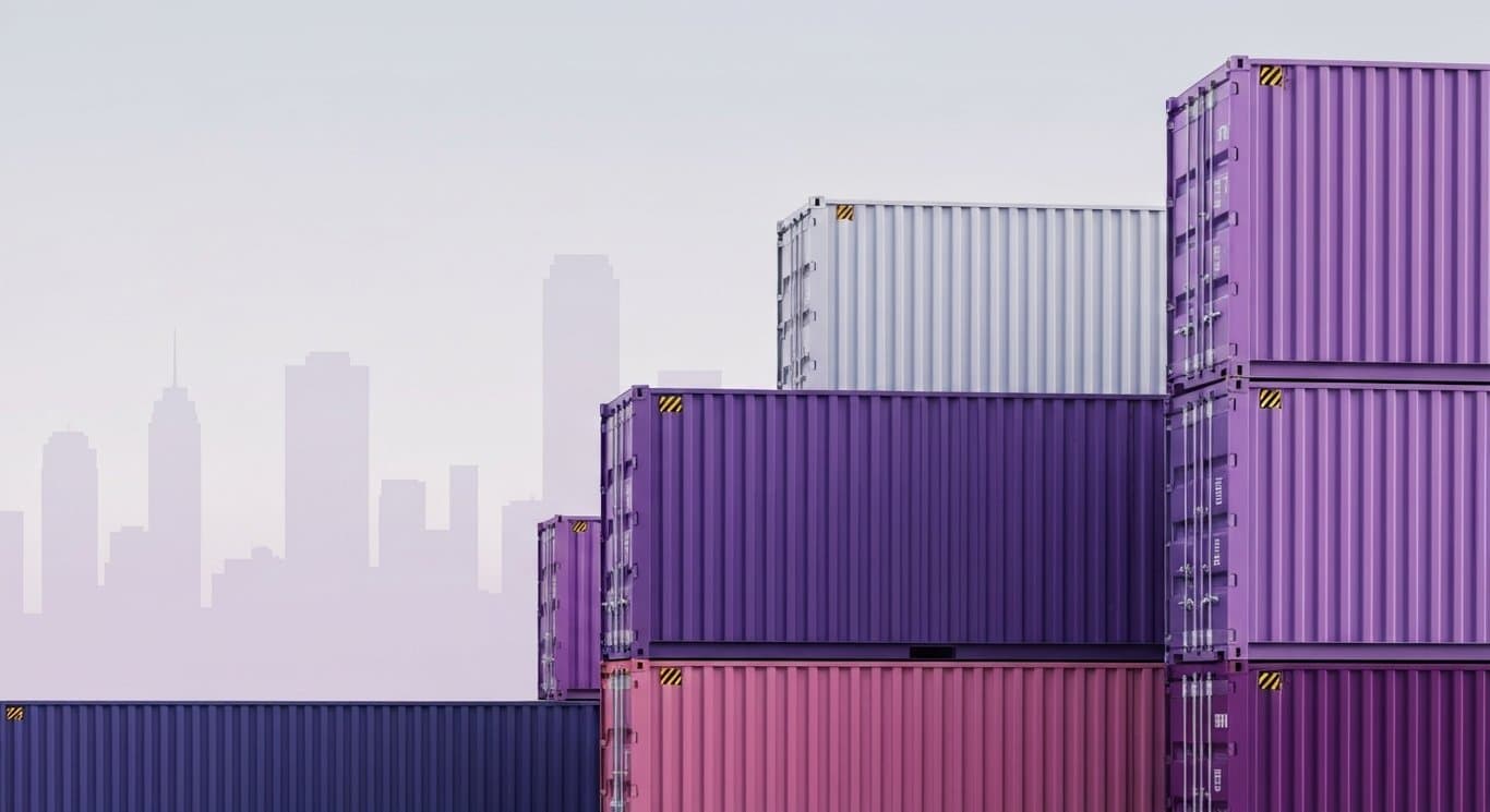 Stack of shipping containers in front of a subtle city skyline with a purple-themed color scheme