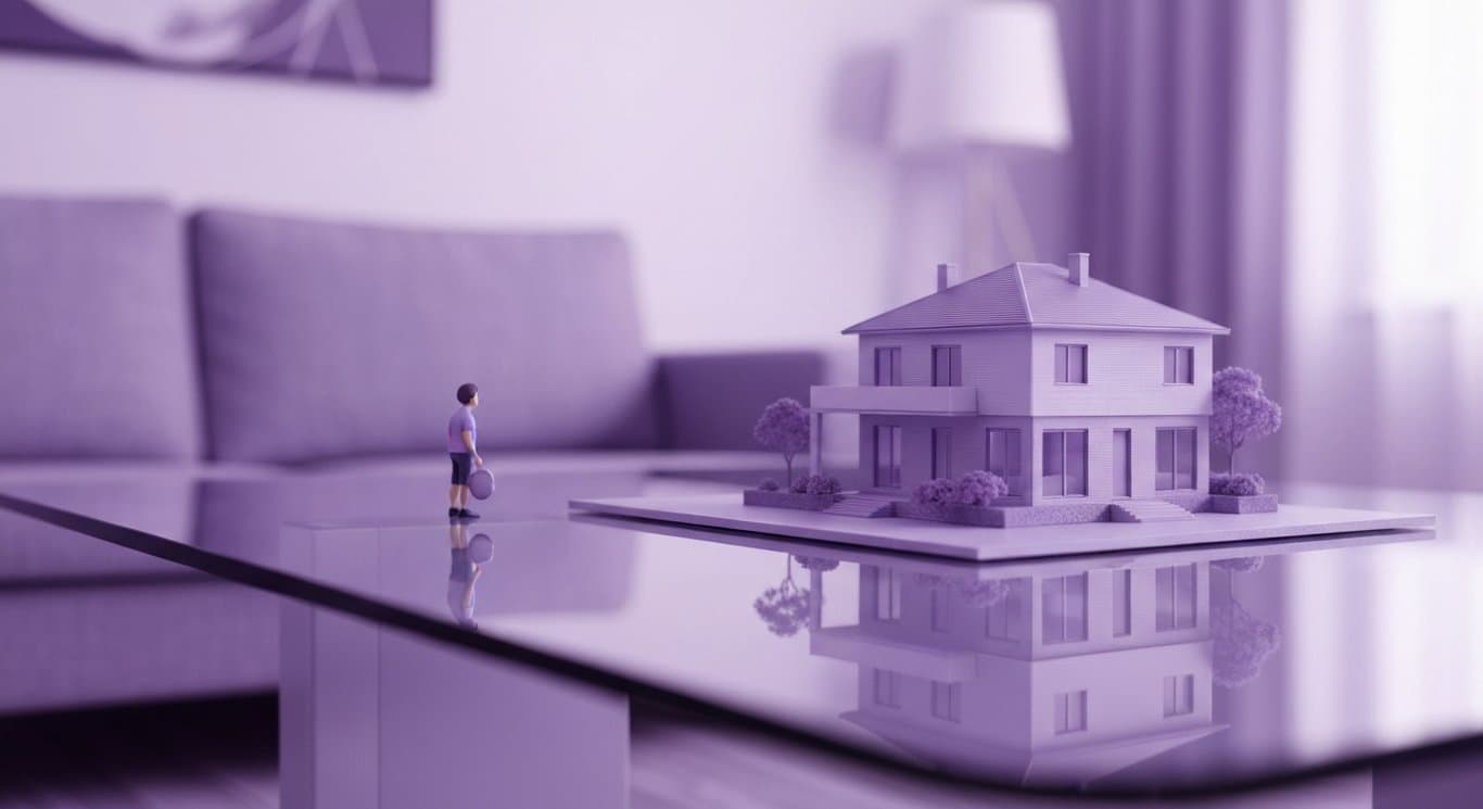 Suburban modern house model with a small figure on a glass table, soft purple background