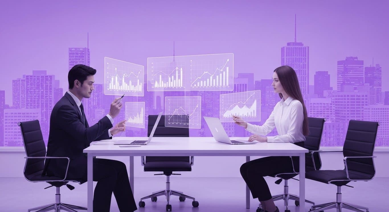 Modern office workspace with professionals reviewing digital financial graphs, cityscape in background