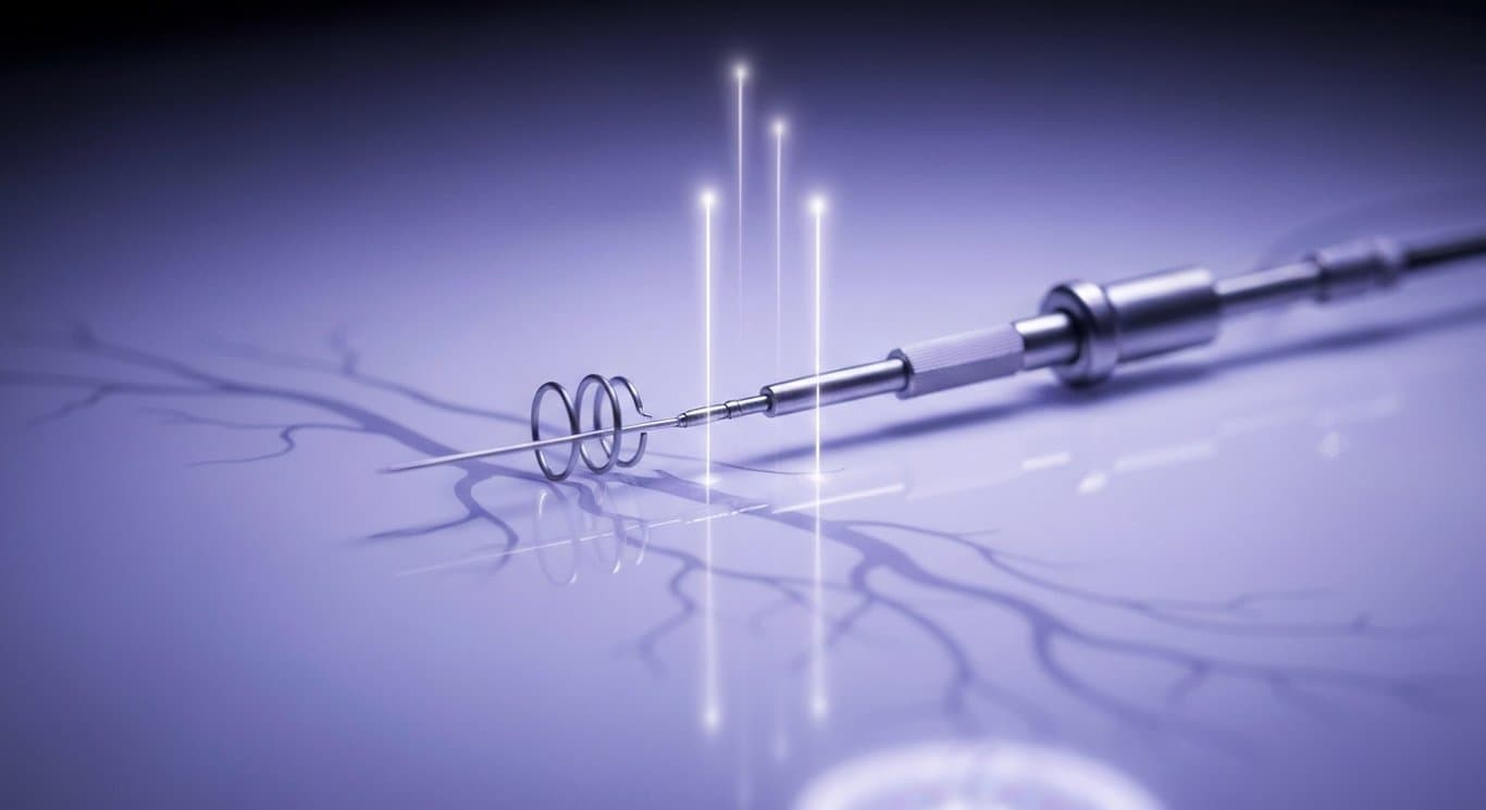 Endovascular catheter with embolization coil on reflective surface, soft purple lighting and faint vascular shapes