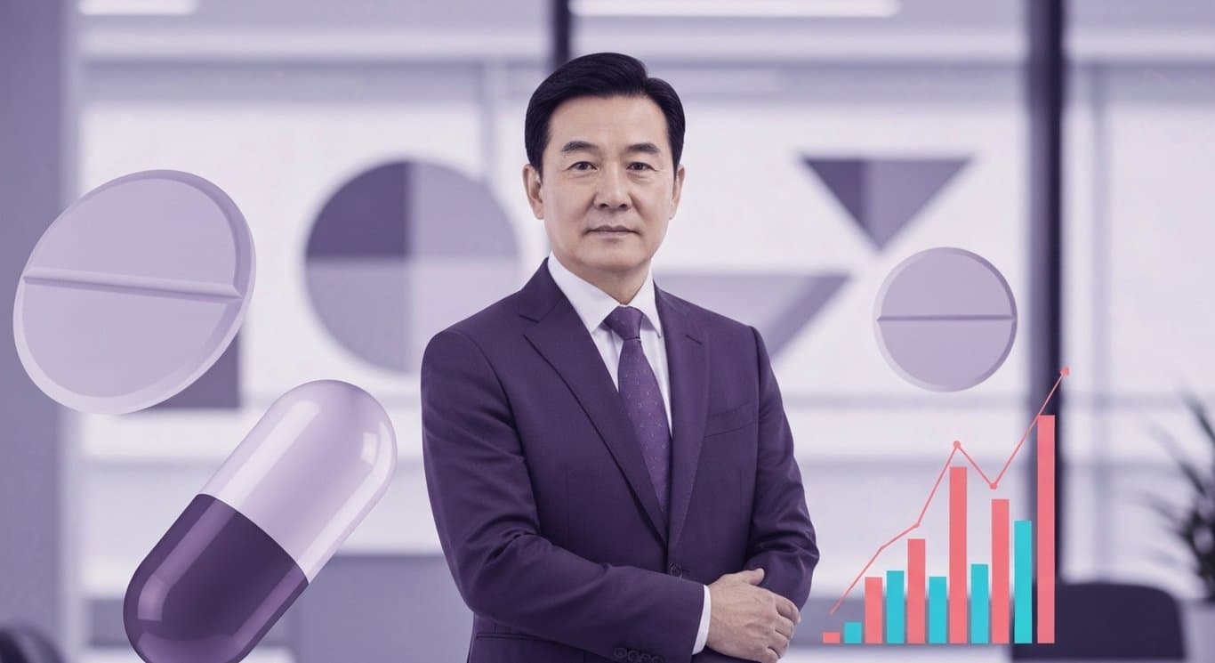 Business executive stands between abstract pill shapes and financial graphs with a soft purple office background