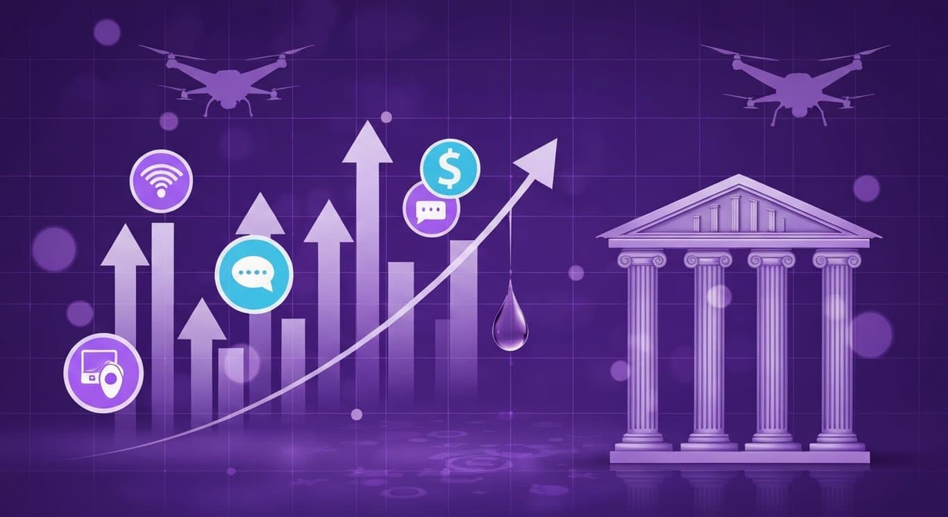Market arrows with tech and communication icons, falling oil droplet, subtle defense drones, bank pillars and strong earnings