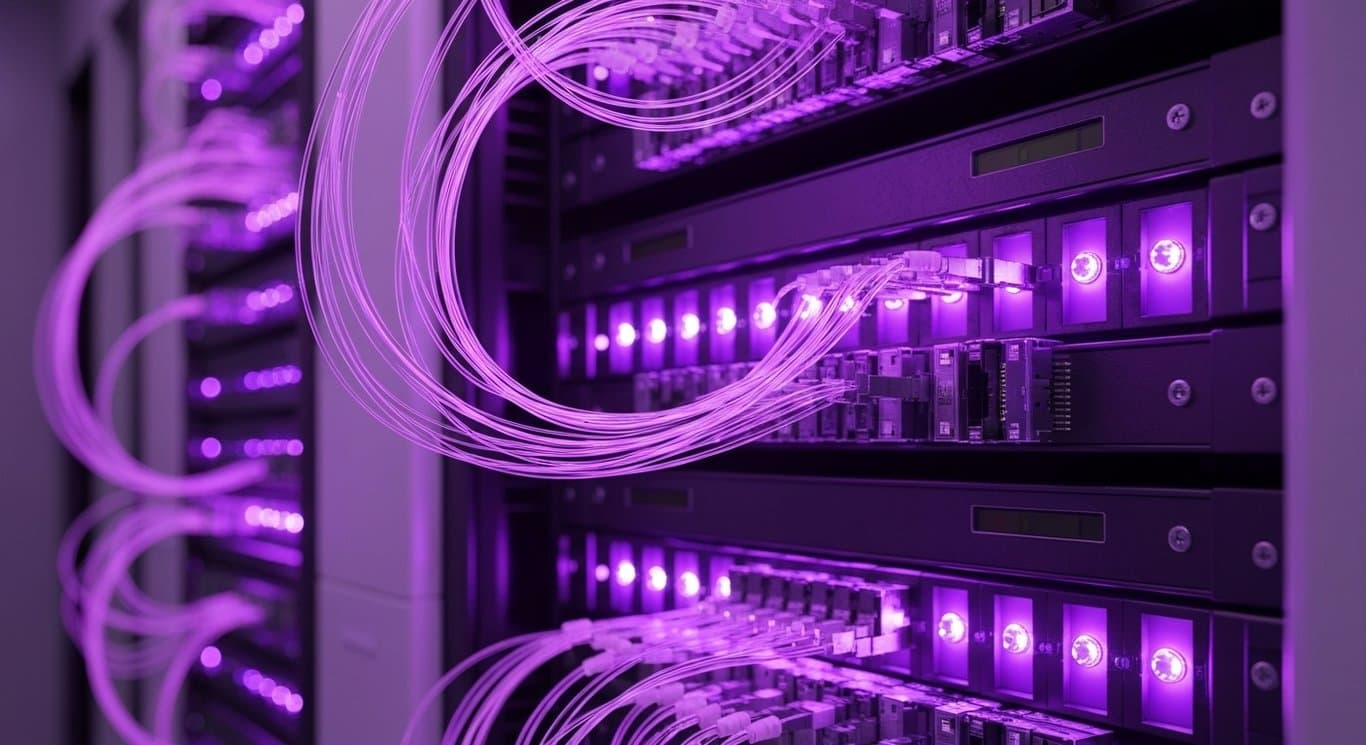 Optical networking equipment with illuminated fiber cables in a futuristic data center