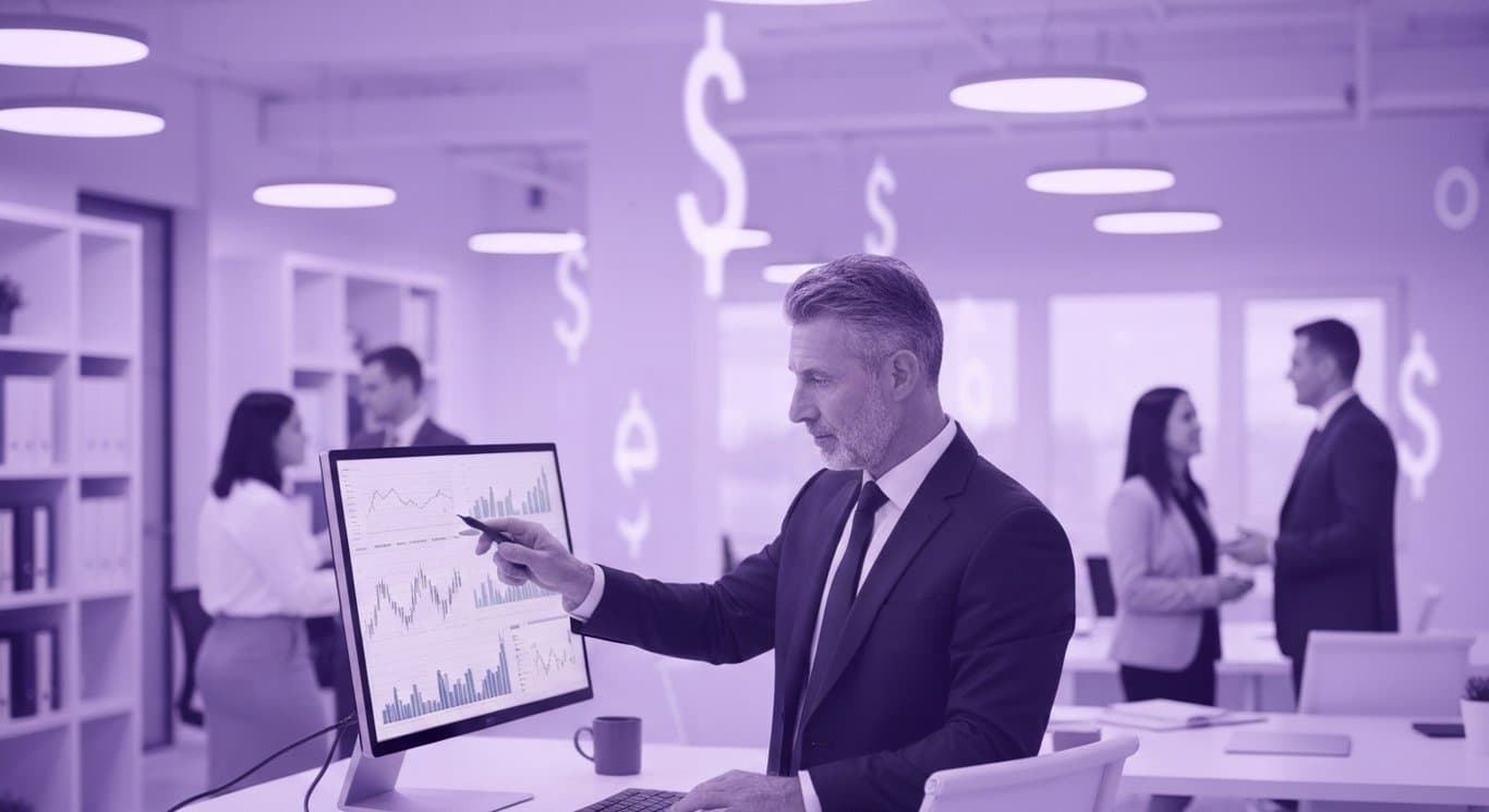 Businessperson examining digital financial graphs in a modern office with colleagues and purple tones