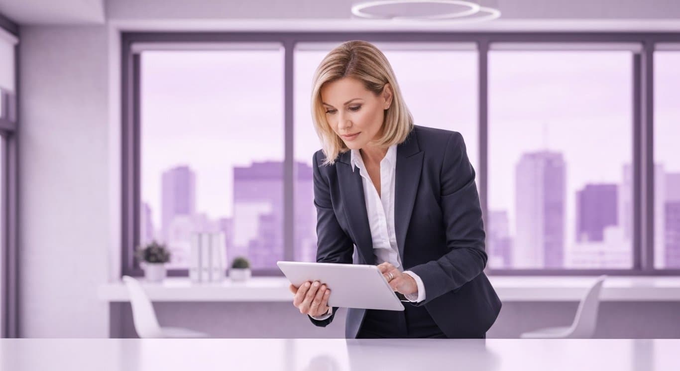 Businesswoman analyzing financial data on tablet in a modern office with a purple cityscape background