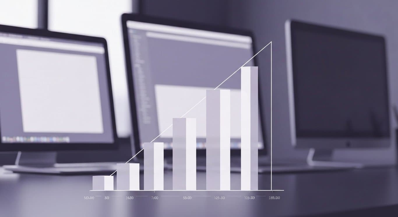 Abstract bar chart with rising columns on a modern workspace and soft purple background