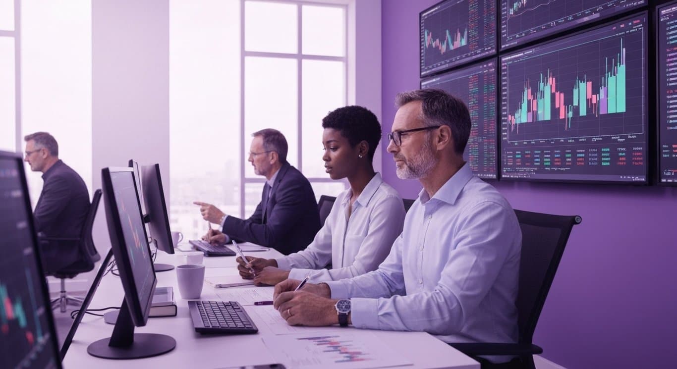 Business professionals examine stock charts in a modern office with digital displays and subtle purple hues