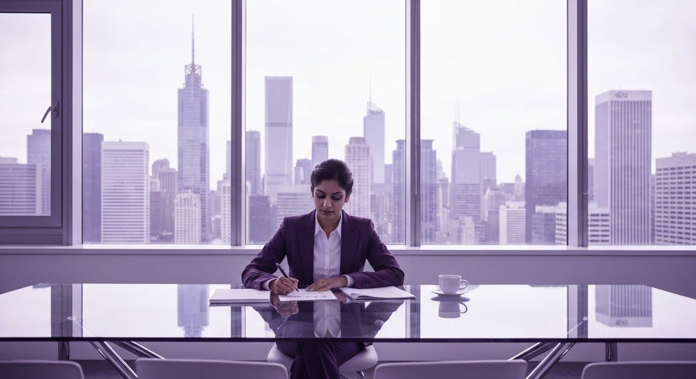Businesswoman at glass conference table with city skyline and purple tones in the background