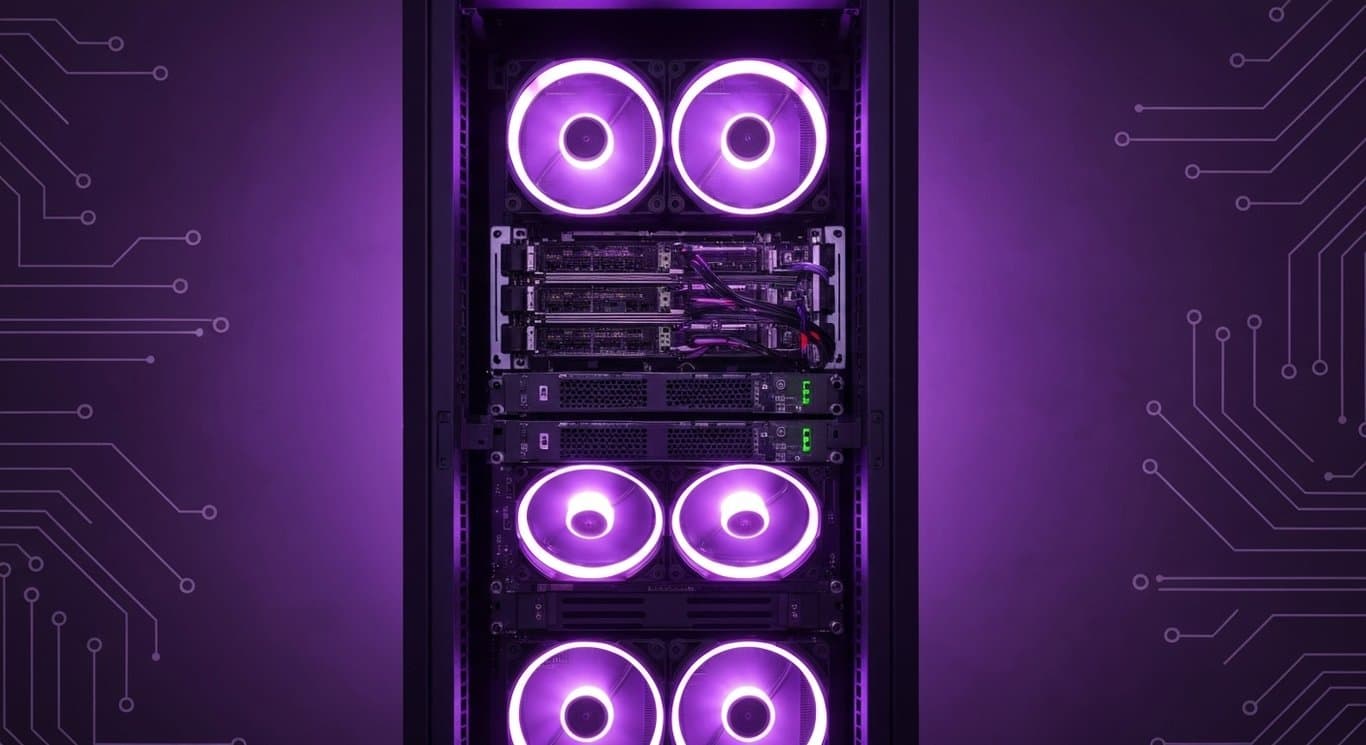 Server rack with glowing GPUs and advanced hardware, framed by a subtle purple-toned circuit pattern background