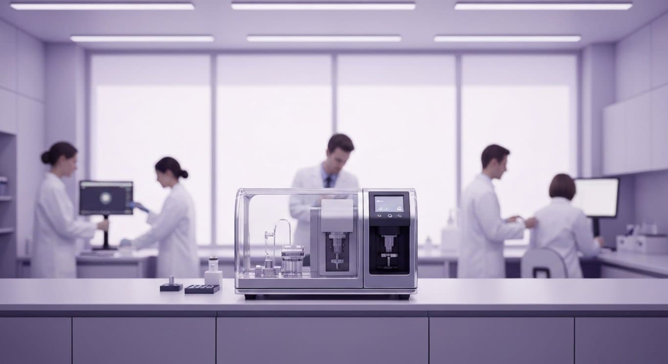 Advanced medical testing device in a clinical lab with soft purple lighting and blurred scientists nearby