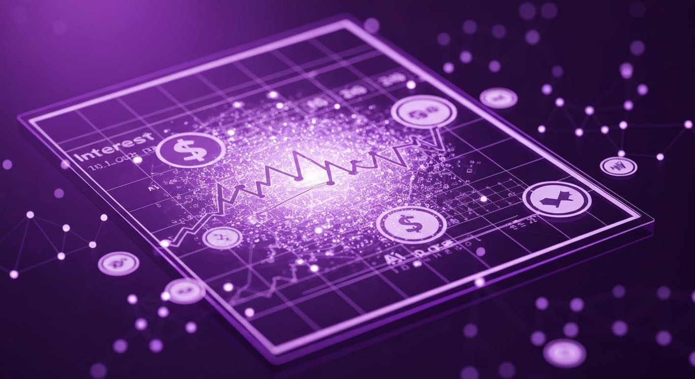 Abstract market symbols with interest rate icons, AI infrastructure spending and Big Tech volatility in purple theme