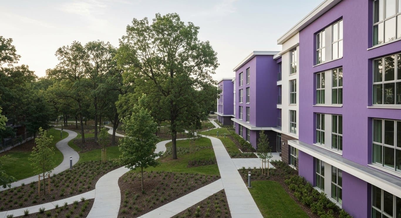 Modern senior living apartment building surrounded by landscaped gardens and mature trees