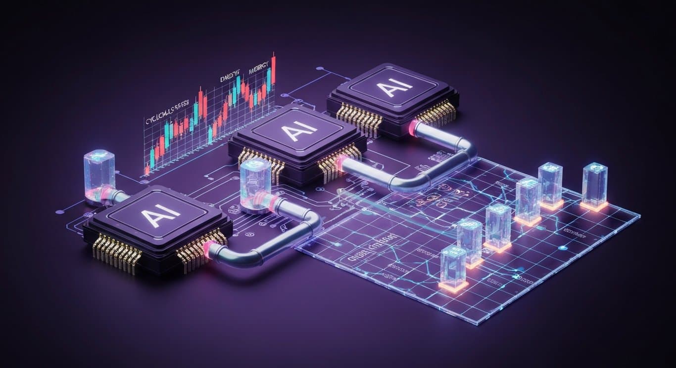 AI infrastructure and midstream energy investing with market rotation, tech dispersion, and loan growth visualized in purple