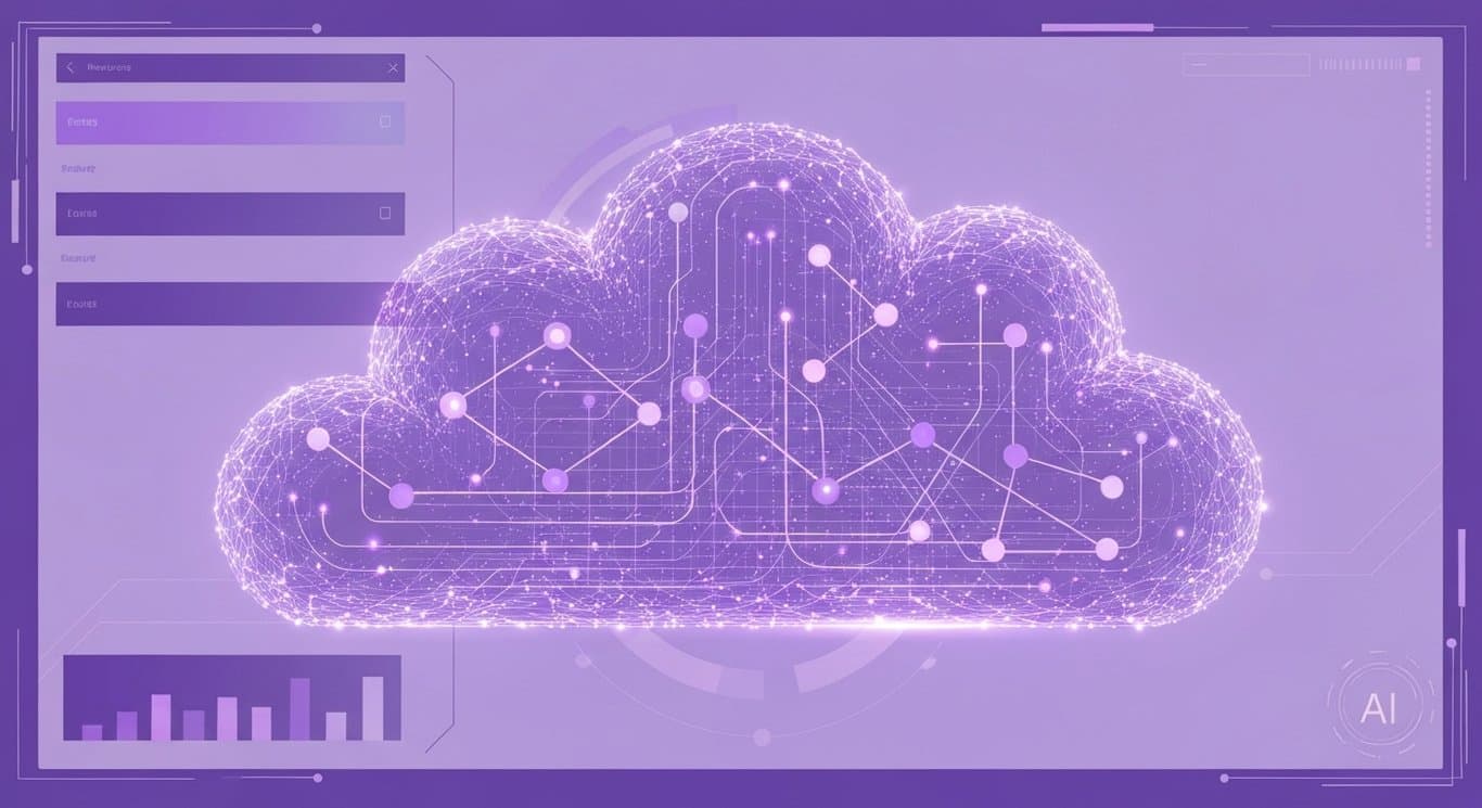 Abstract data cloud with interconnected nodes and digital workspace, shaded in minimalist purple tones