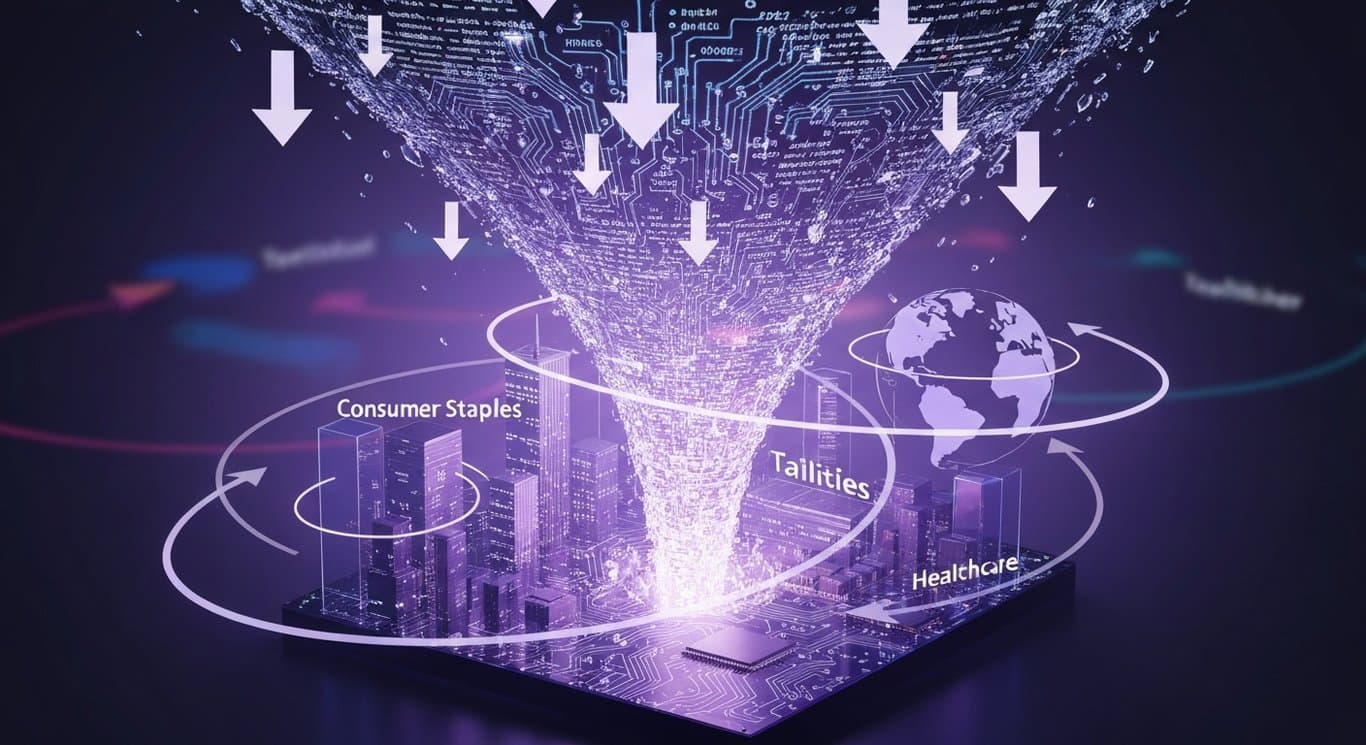 Software sell-off on AI disruption fears; rotation to Staples, Utilities, Healthcare; tariffs and geopolitics fuel risk-off