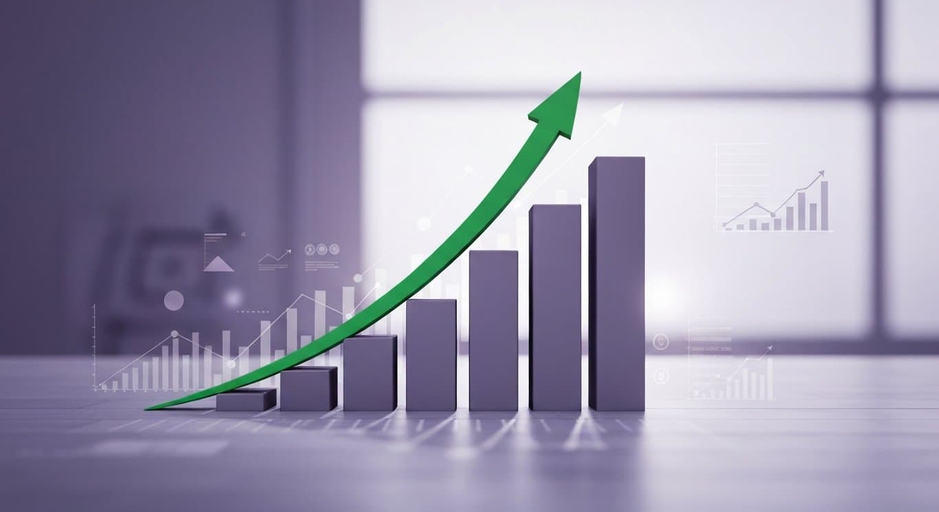 Upward trending bar graph with arrows in an abstract office setting, soft purple tones