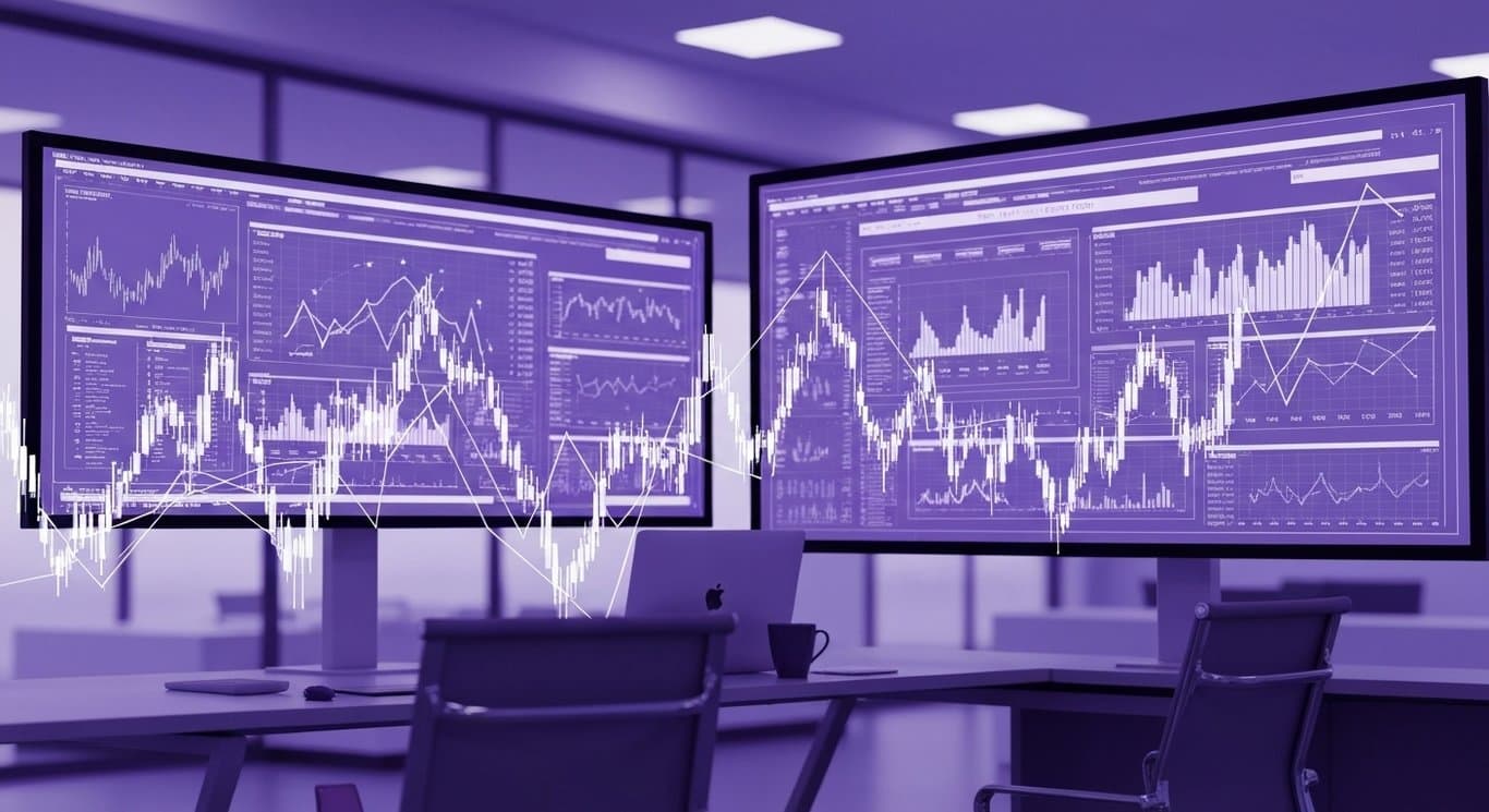 Abstract graph lines and geometric shapes in a modern workspace with digital screens