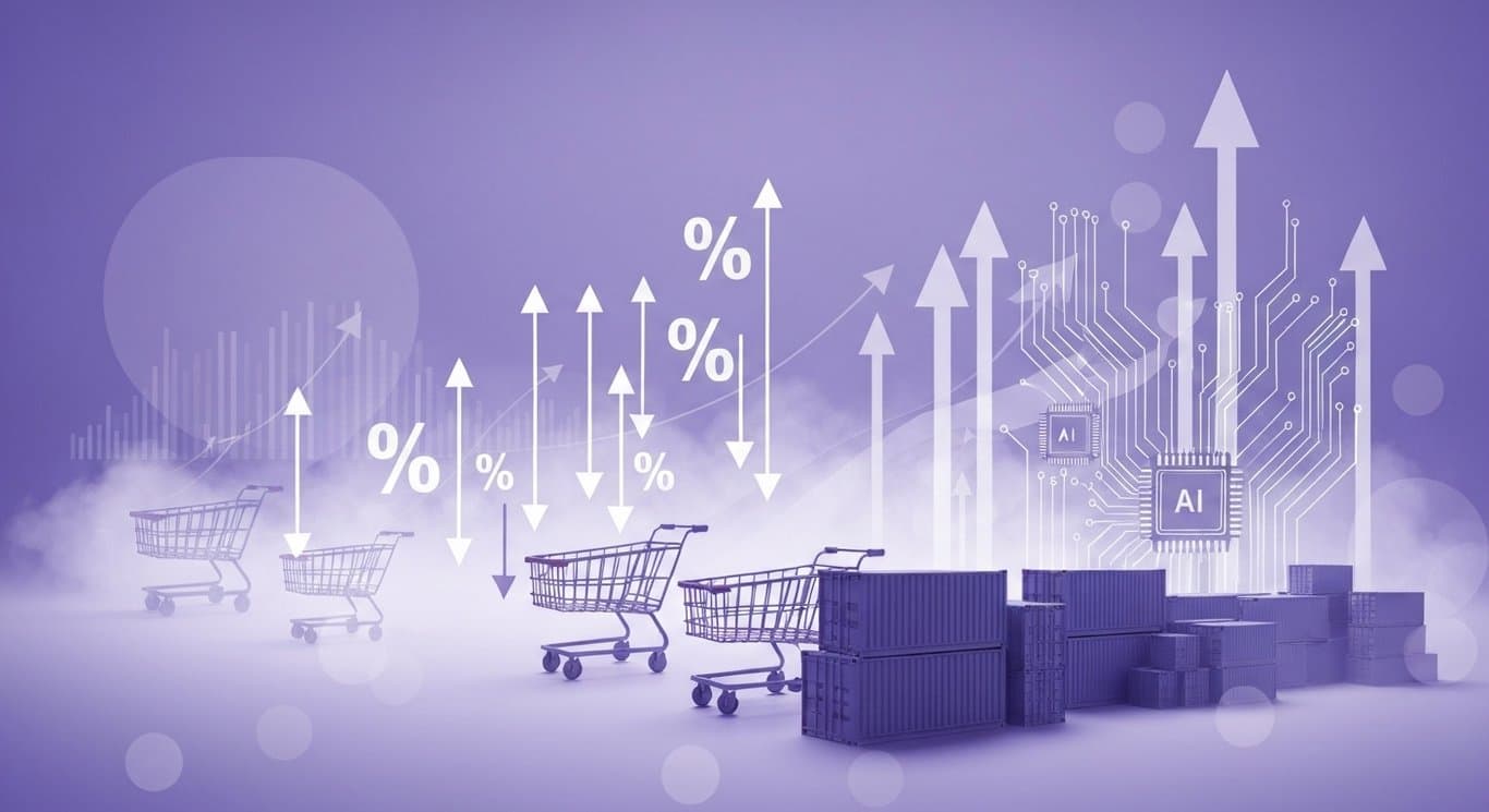 Market rally illustration with rate-cut signals, tariff-hit retail, and rising AI tech in purple minimalist style