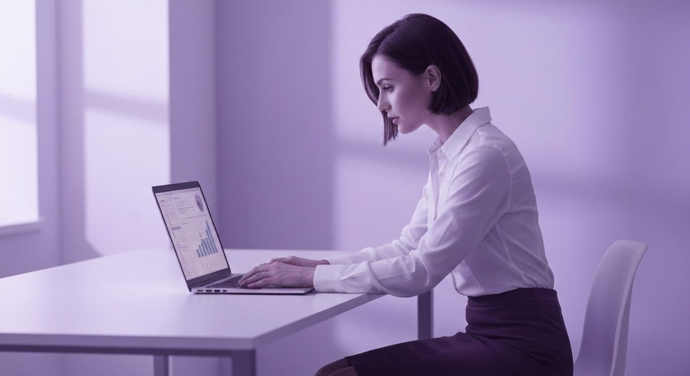 Businesswoman at modern desk using laptop with soft purple lighting