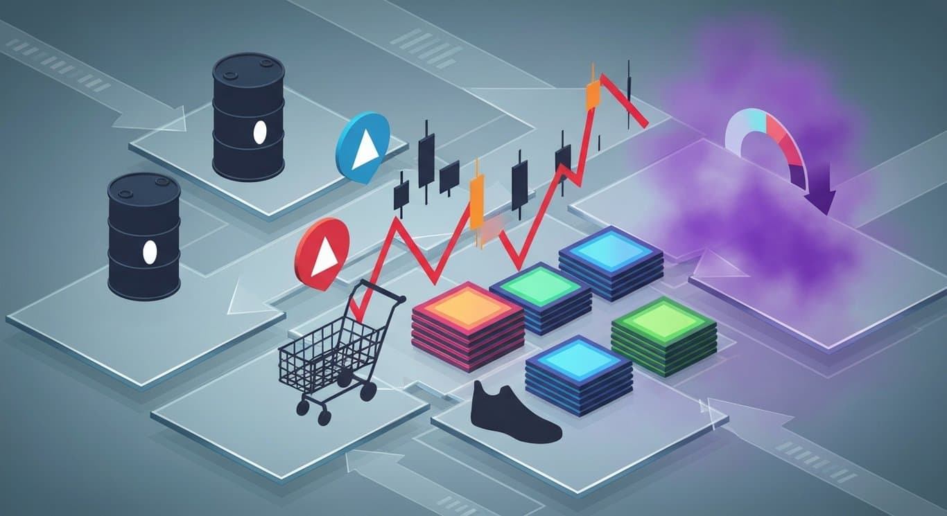 Oil up with weak energy stocks, consumer discretionary divergence, semiconductor-led tech rally, bearish market sentiment in紫