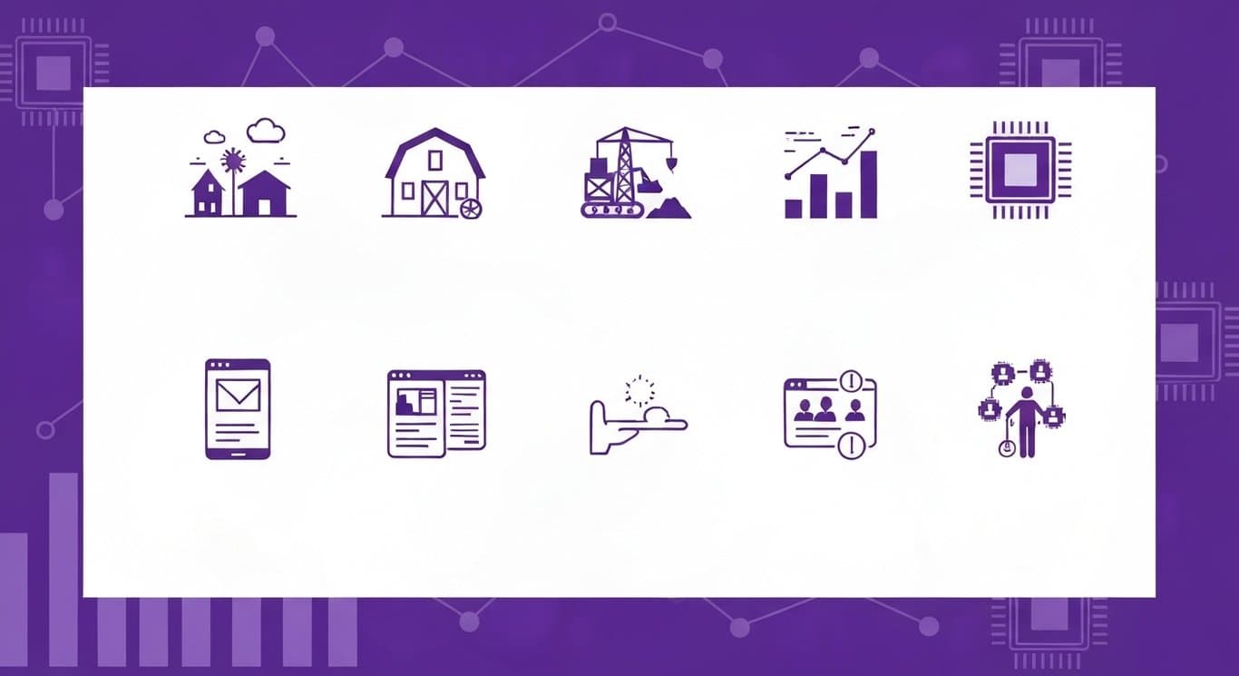 Business sector icons grouped with abstract purple graphs and chip elements in the background