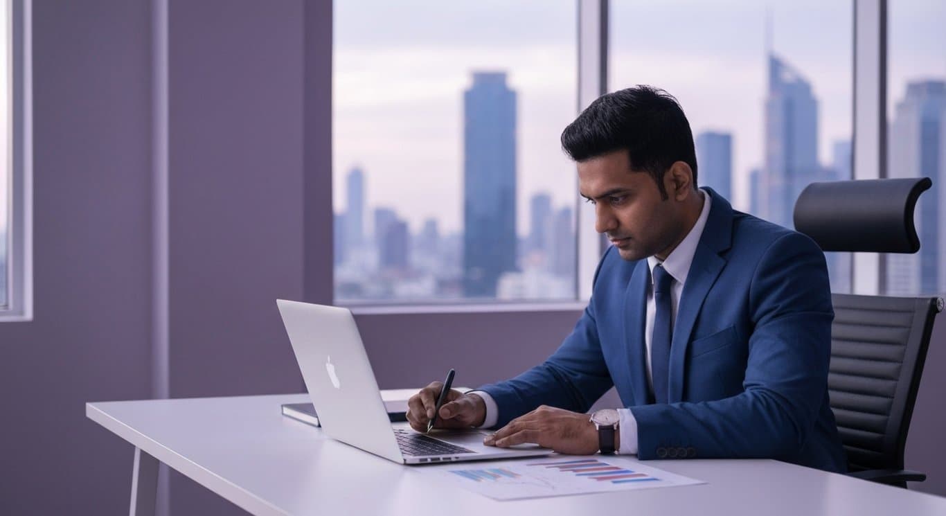 Businessman studies financial charts on a laptop in a modern office with a purple-toned city view