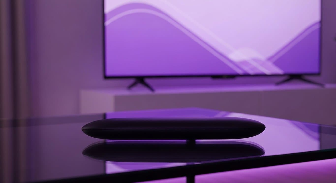 Modern streaming device remote on glass table with smart TV and ambient purple lighting