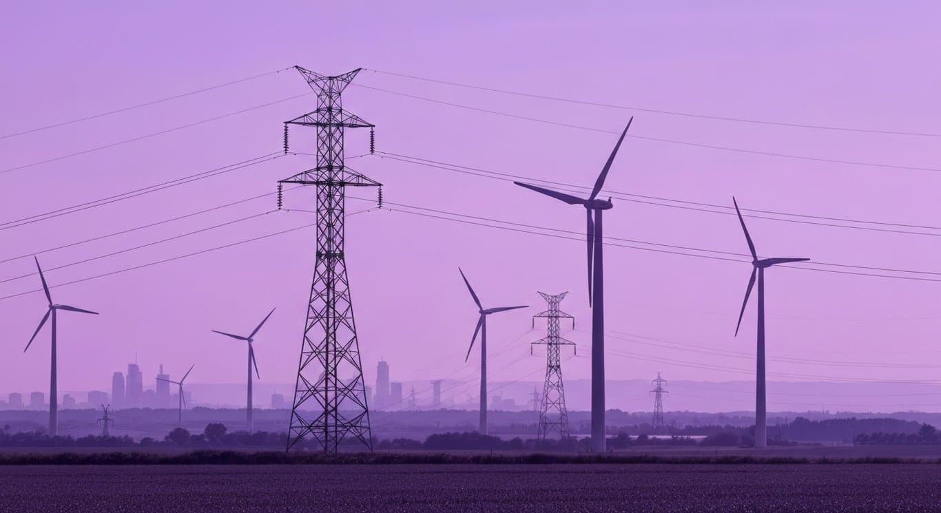 Electrical transmission towers and wind turbines rise over a landscape with a city skyline in soft purple tones