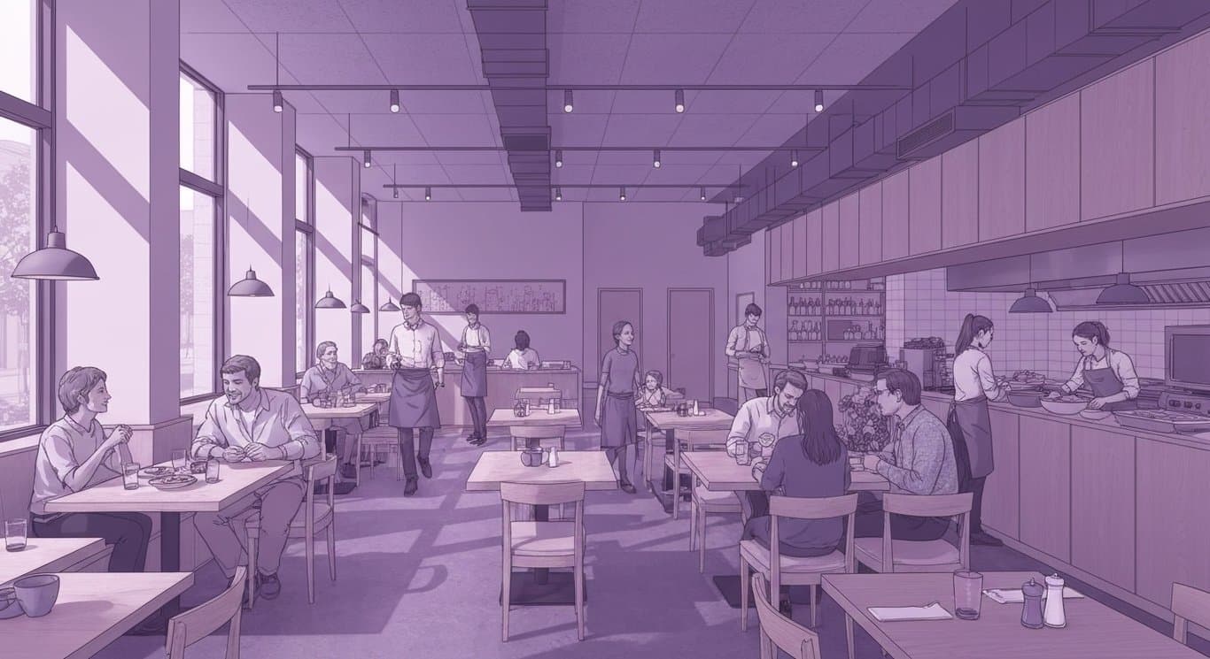 Modern casual dining restaurant filled with people and staff, set against a softly blurred purple background