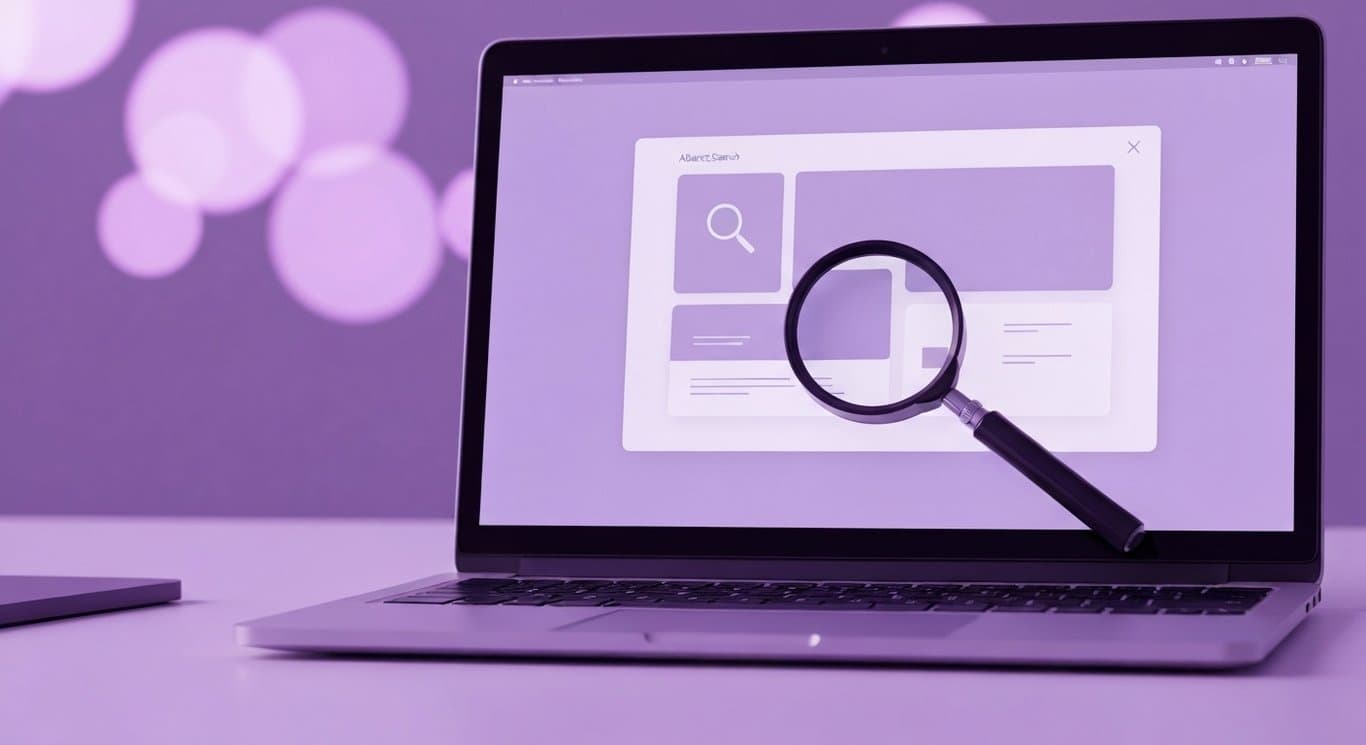 Magnifying glass over abstract search interface on a laptop screen with soft purple gradient background