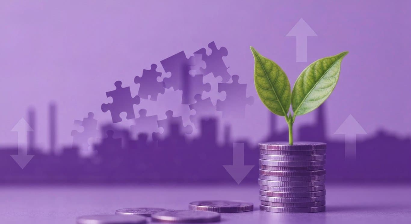 Stack of coins with a sprouting leaf, factory silhouette and merging puzzle pieces in soft purple gradient