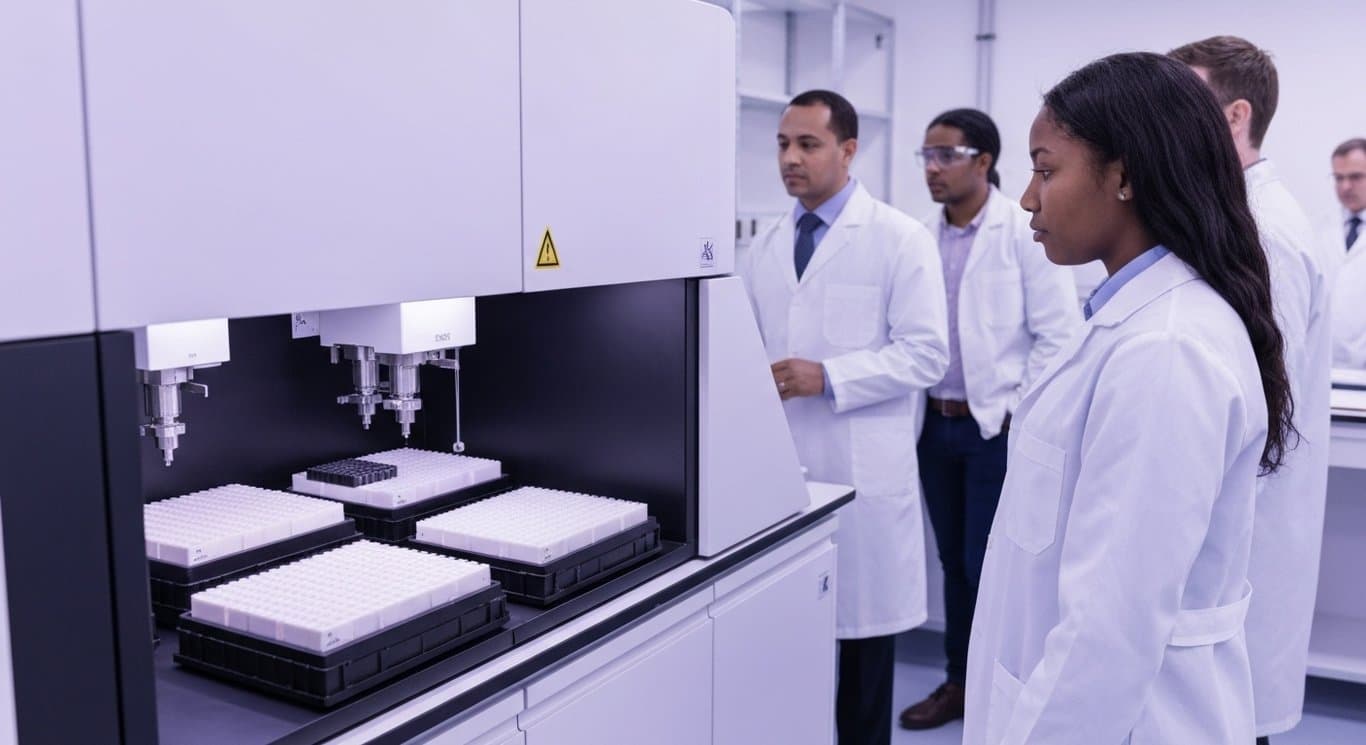 Modern laboratory instrument with sample trays in a sleek research facility with a purple color scheme