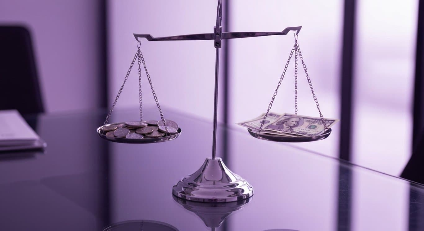 Silver balance scale weighing coins and bonds on a glass table in a softly blurred purple-toned office