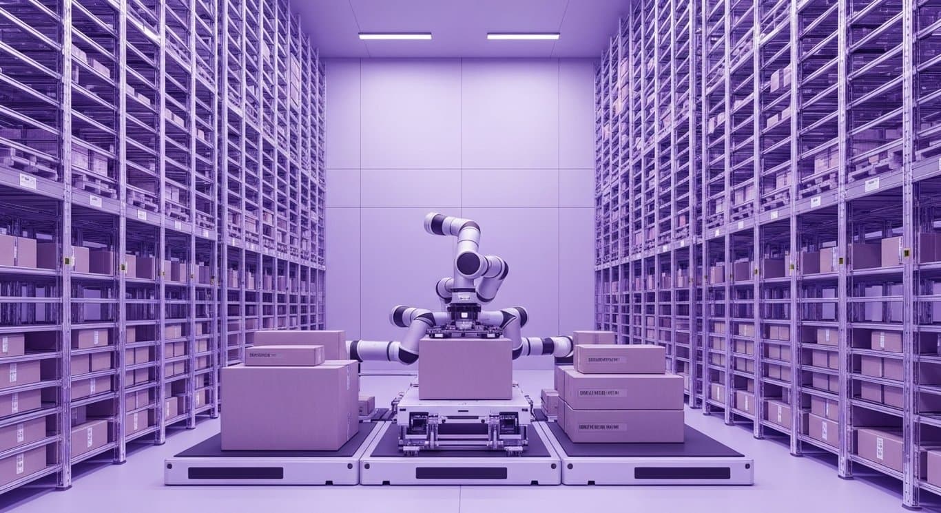 Advanced AI robotics system in a high-tech warehouse with sleek storage racks and a purple color scheme