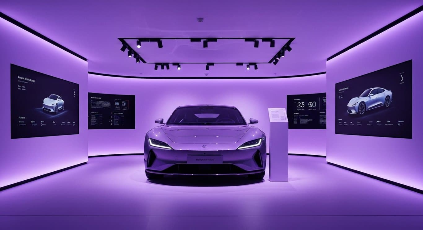 Electric car in modern indoor showroom with digital screens and purple-toned lighting