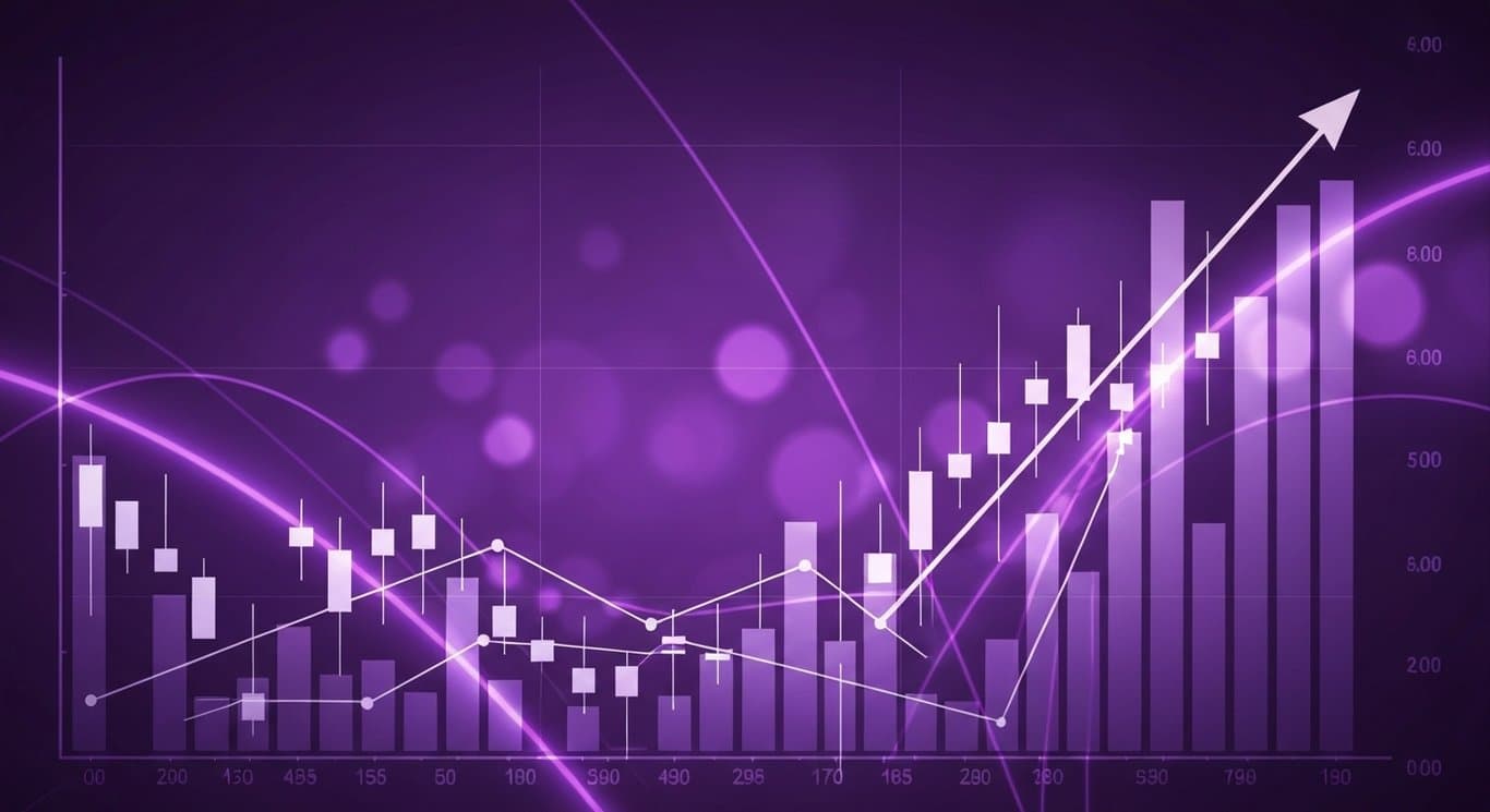 Stock market chart rising against an abstract digital purple background with glowing lines