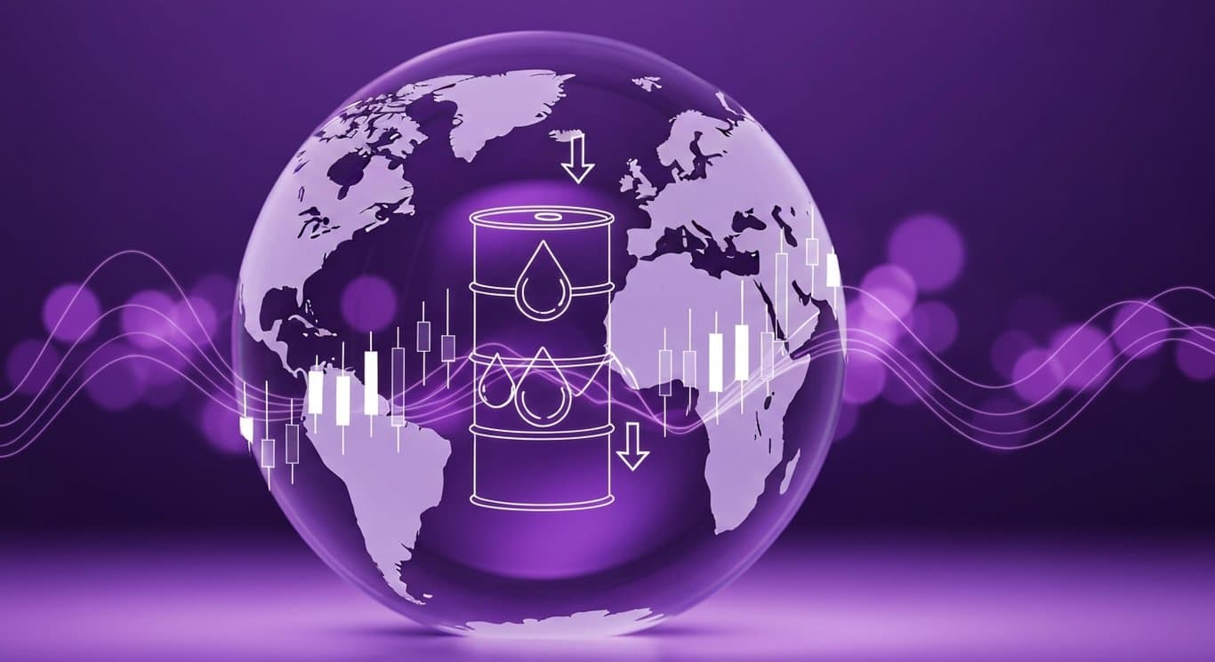 Oil price surge and market volatility with falling stock arrows over global map in purple glass atmosphere