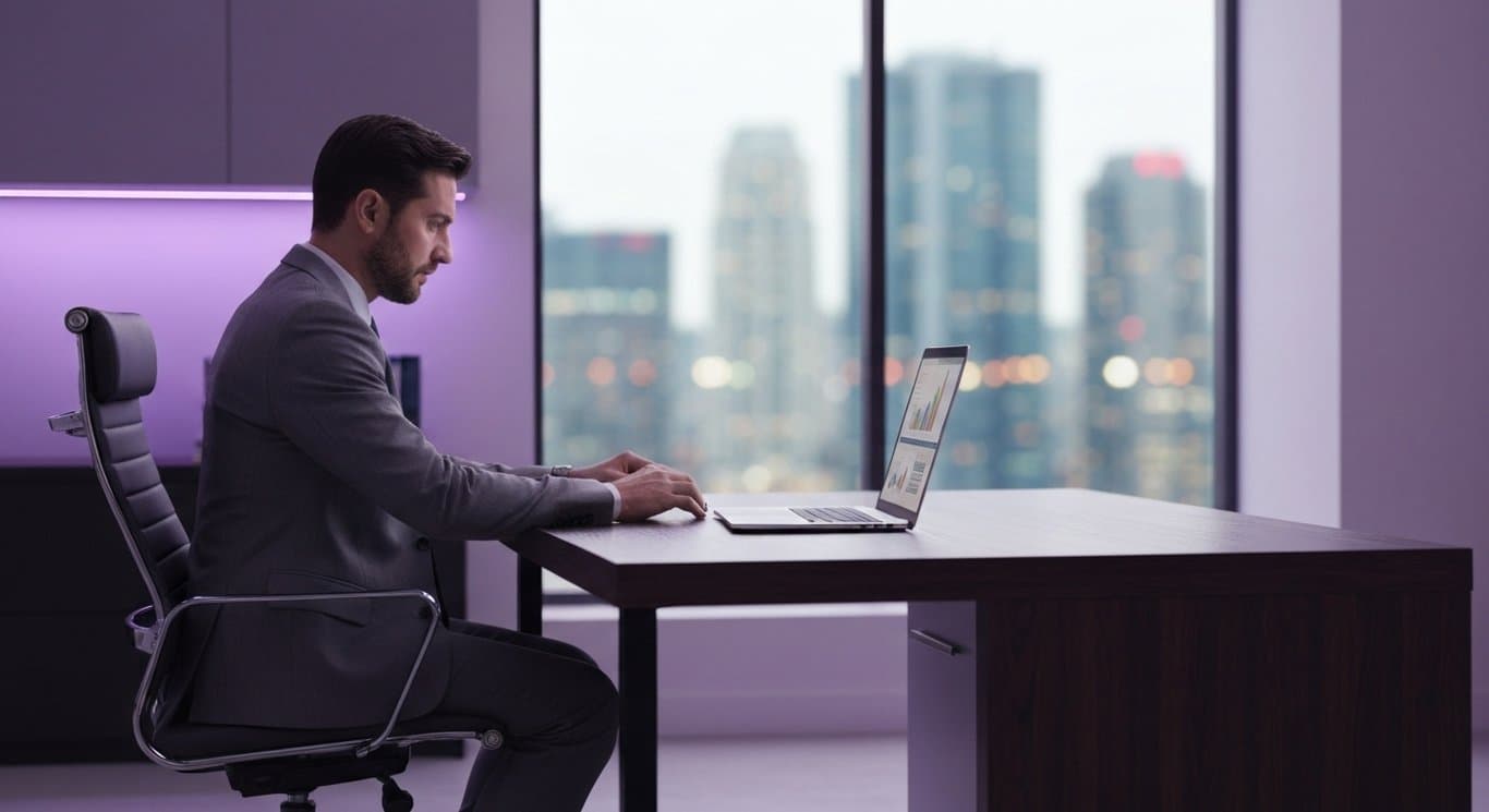 Professional businessperson reviewing financial data at a sleek desk in a modern office with a soft purple backdrop