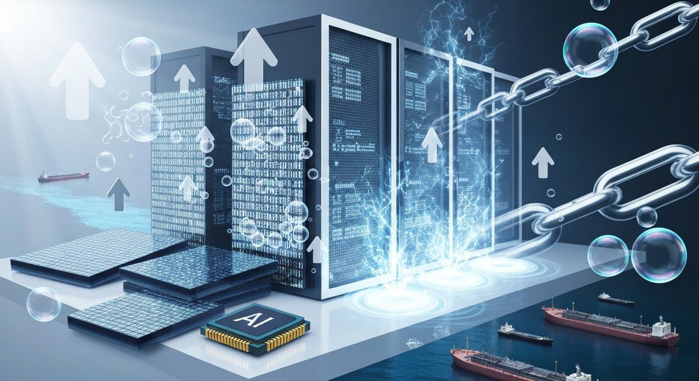 U.S. AI infrastructure spending with semiconductor trends, supply chain strains, and Strait of Hormuz geopolitics, signaling