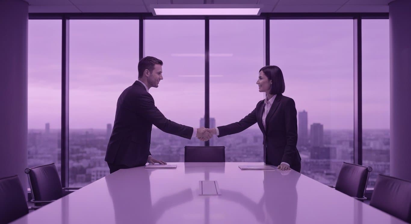 Business professionals shaking hands at a polished table in front of large windows with a purple cityscape background