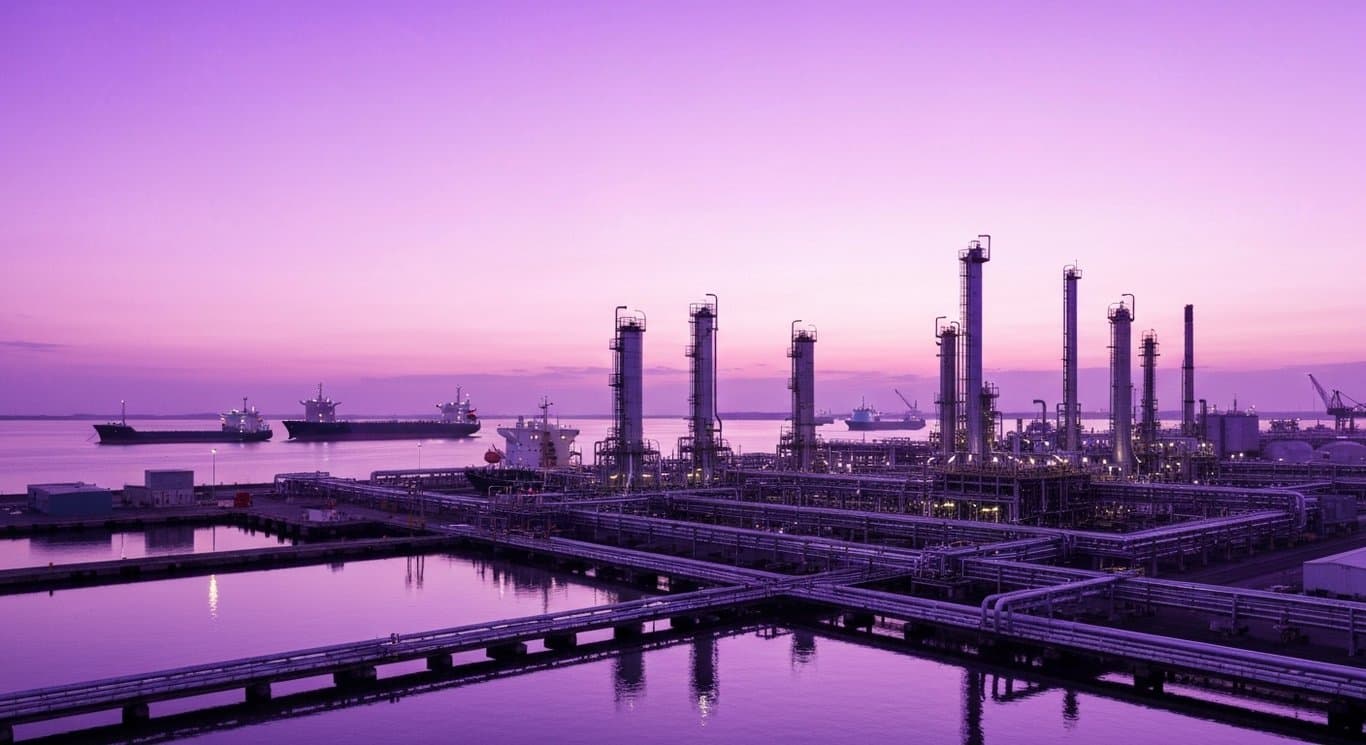 Industrial gas processing facility beside a harbor at dusk with a minimalist purple-toned background