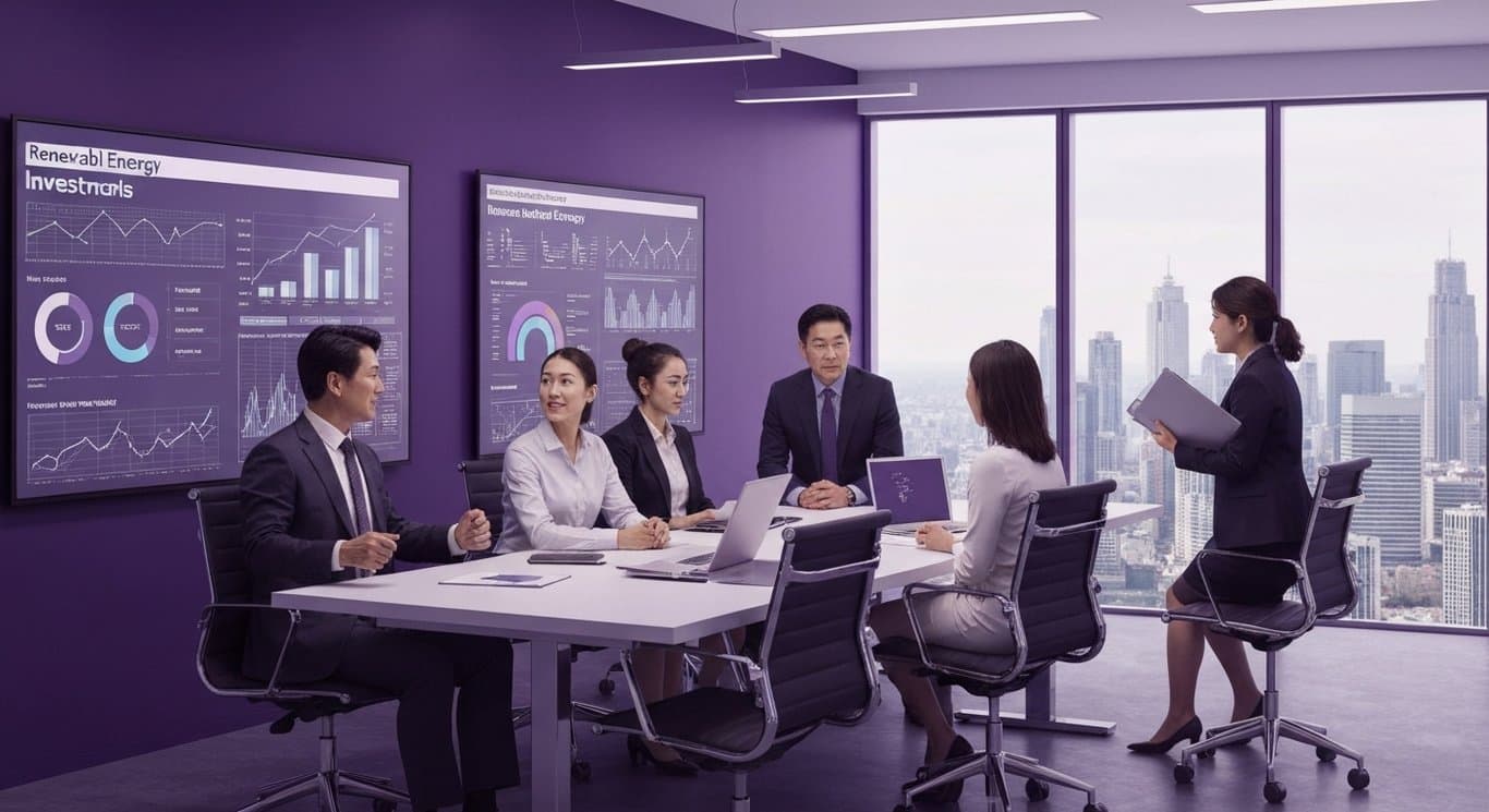 Business professionals in a modern office with renewable energy charts and a city skyline