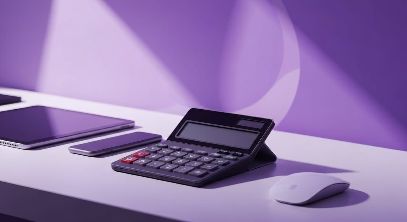Sleek calculator and digital devices arranged on a modern desk with abstract purple background gradients