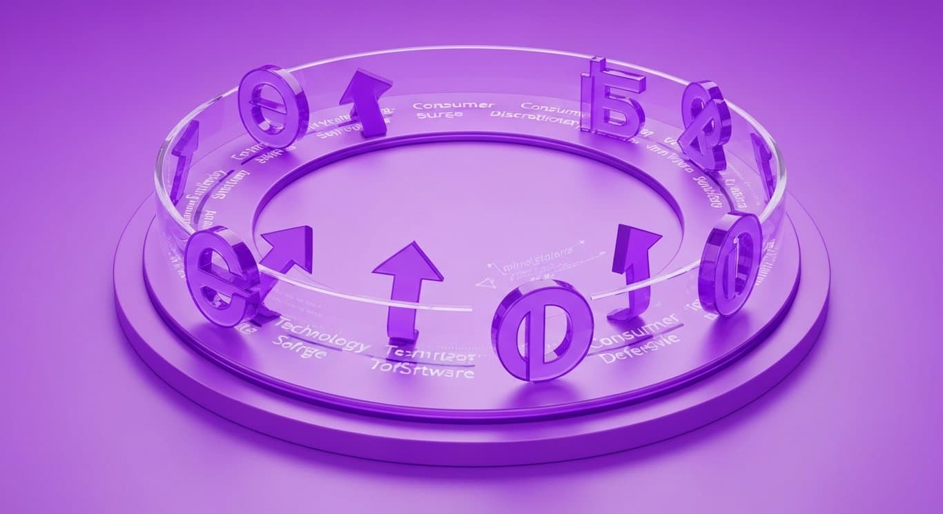Abstract market arrows show rotation: AI infra surge, defensive sectors favored, industrials strong, tech/software weak
