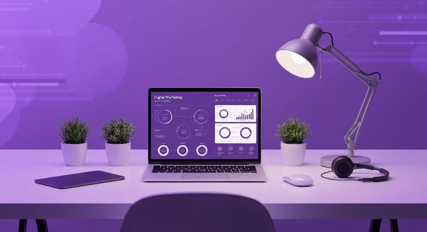 Modern laptop displaying analytics sits among tech devices and plants on a white desk with a purple gradient background
