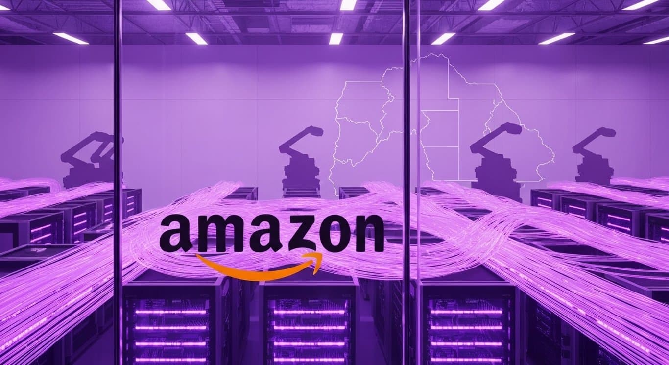 Amazon AI and cloud expansion with North Carolina data centers, GPU clusters, and robotics imagery in purple tones
